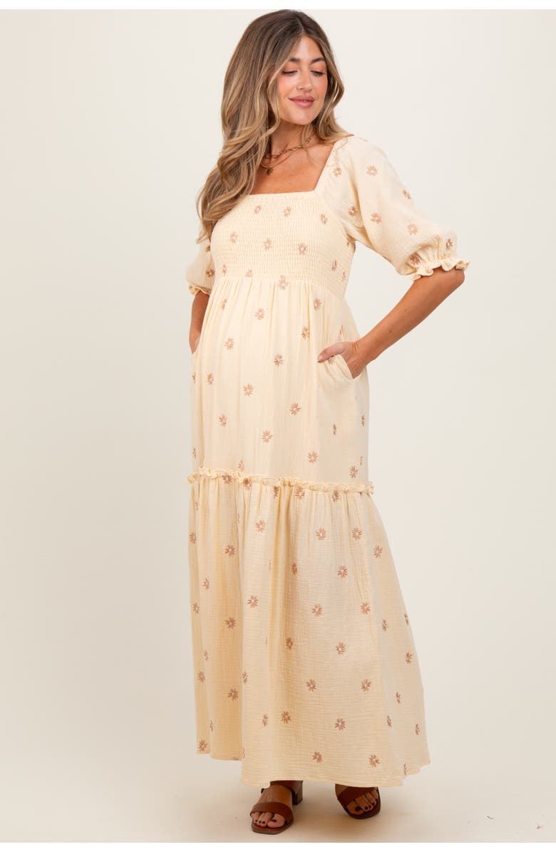 PinkBlush Floral Smocked Puff Sleeve Maxi Dress, Main, color, Cream