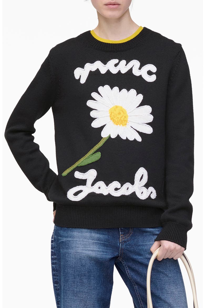 Marc Is Joy Jacquard Merino Wool Crewneck Sweater, Main, color, BLACK