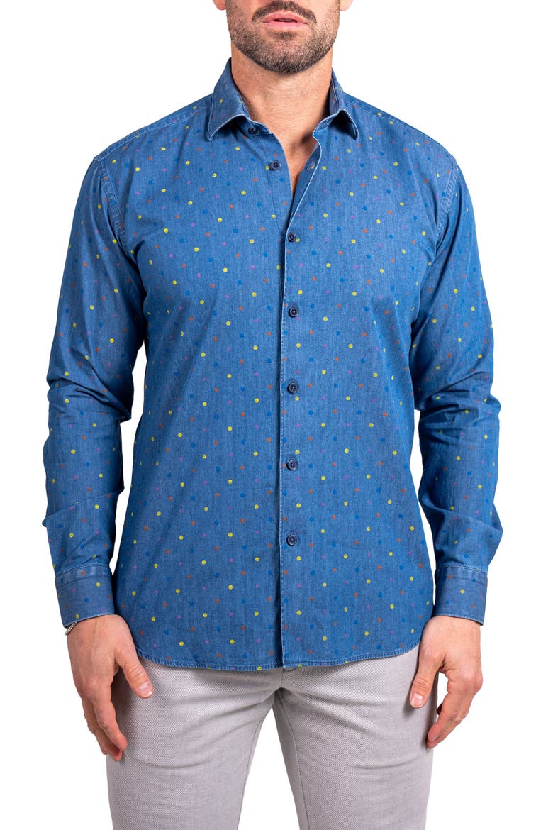 Engineered Ascension0092 Blue Dot Print Cotton Button-Up Shirt, Main, color, BLUE