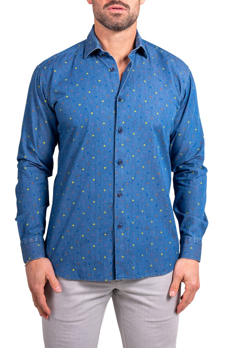 Maceoo Engineered Ascension0092 Blue Dot Print Cotton Button-Up Shirt, Main, color, Blue