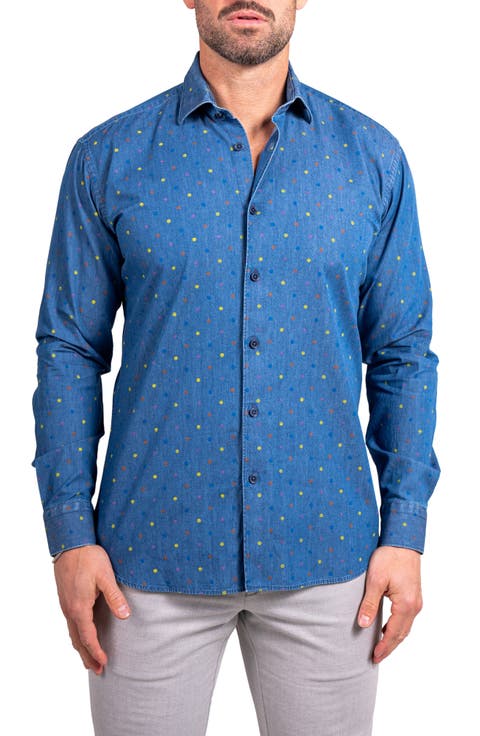 Engineered Ascension0092 Blue Dot Print Cotton Button-Up Shirt