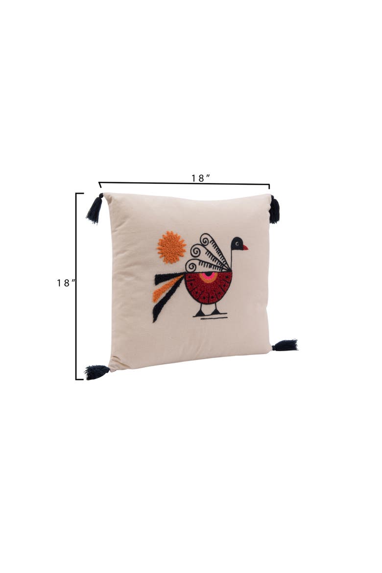 Square Cotton Pillow with Embroidered Peacock, Orange Sun & Corner Tassels, Alternate, color, White