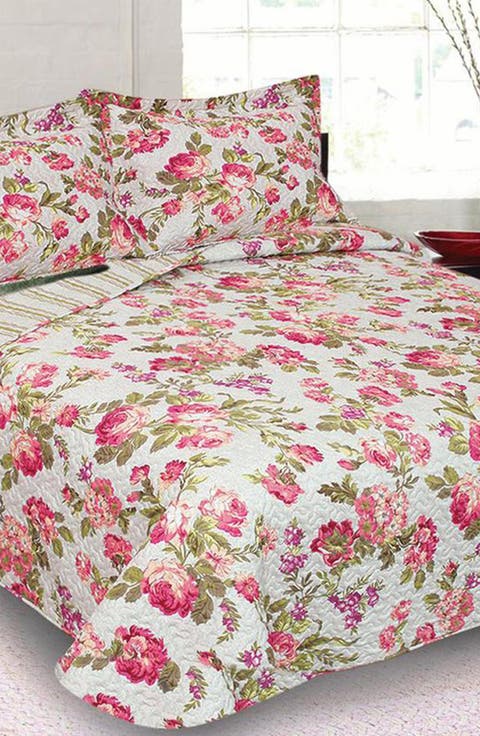 Floral Print Microfiber Quilt Set