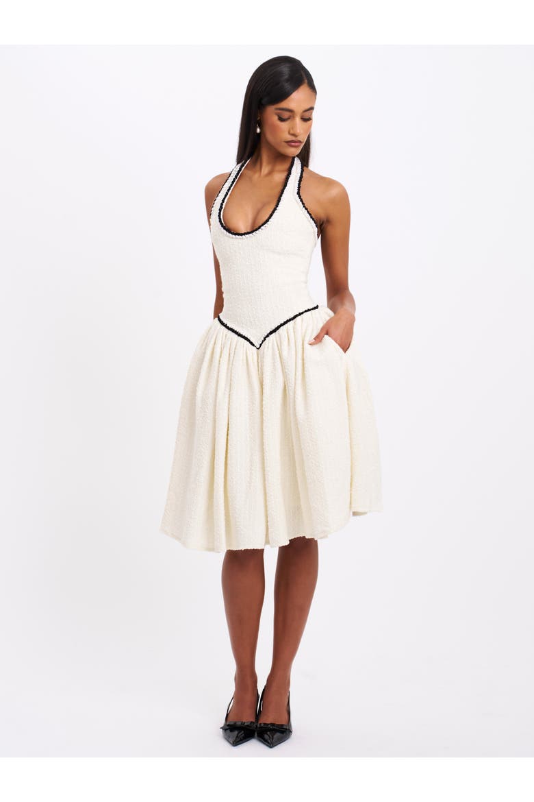 Natalie U Neck Halter Drop Waist Tweed Midi Dress, Alternate, color, off white