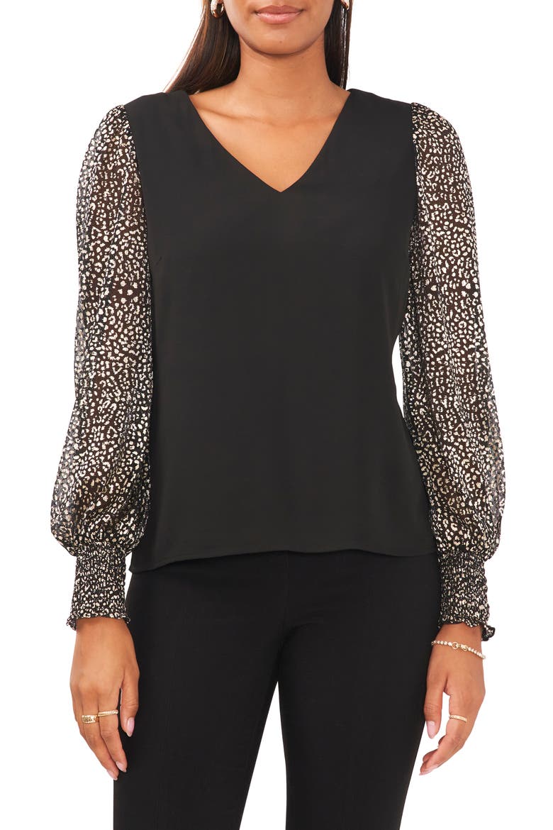 V-Neck Smocked Cuff Blouse, Main, color, BLACK/GOLD