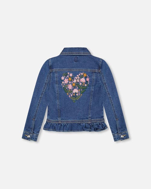Deux Par Deux Denim Jacket With Ruffle Hem And Floral Embroidery In Blue