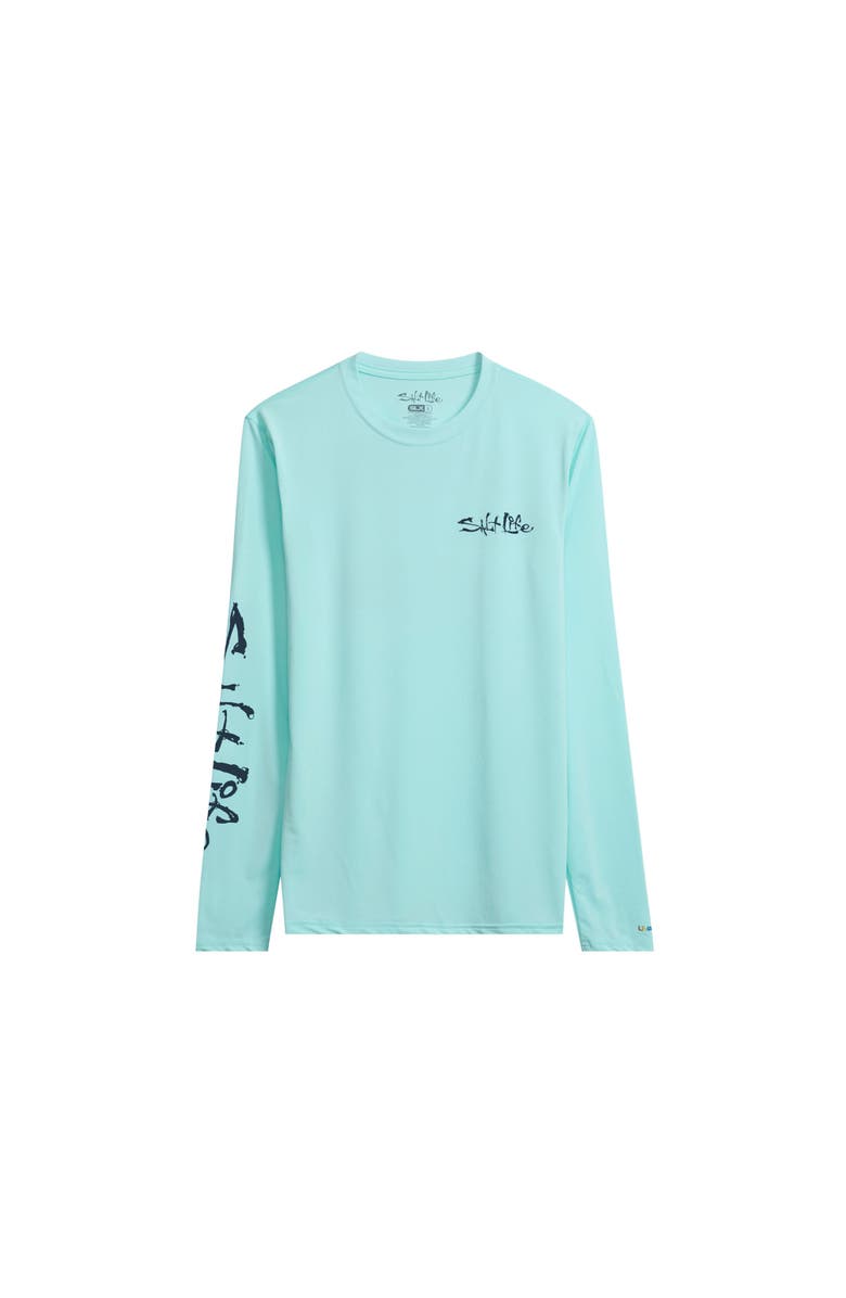 Salt Life Liquid Depth Badge Long Sleeve SLX Performance Tee, Main, color, Lt Aruba Heather