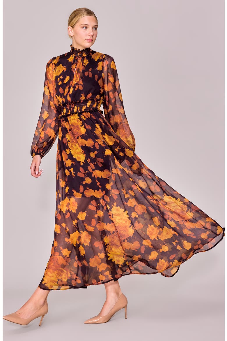 Floral Long Sleeve Chiffon Dress, Alternate, color, BURNT ORANGE FLORAL