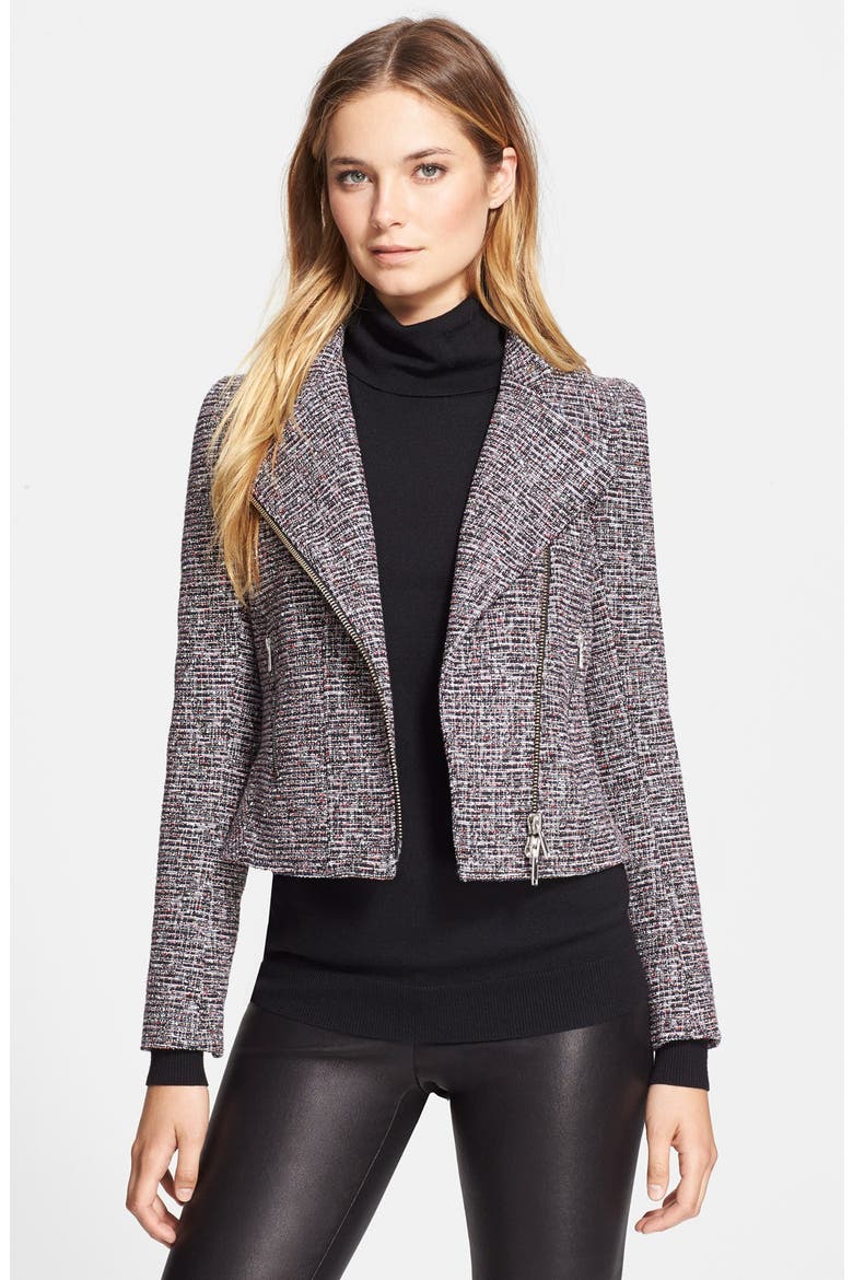 'Kinde' Tweed Moto Jacket, Main, color, BLACK/ WHITE