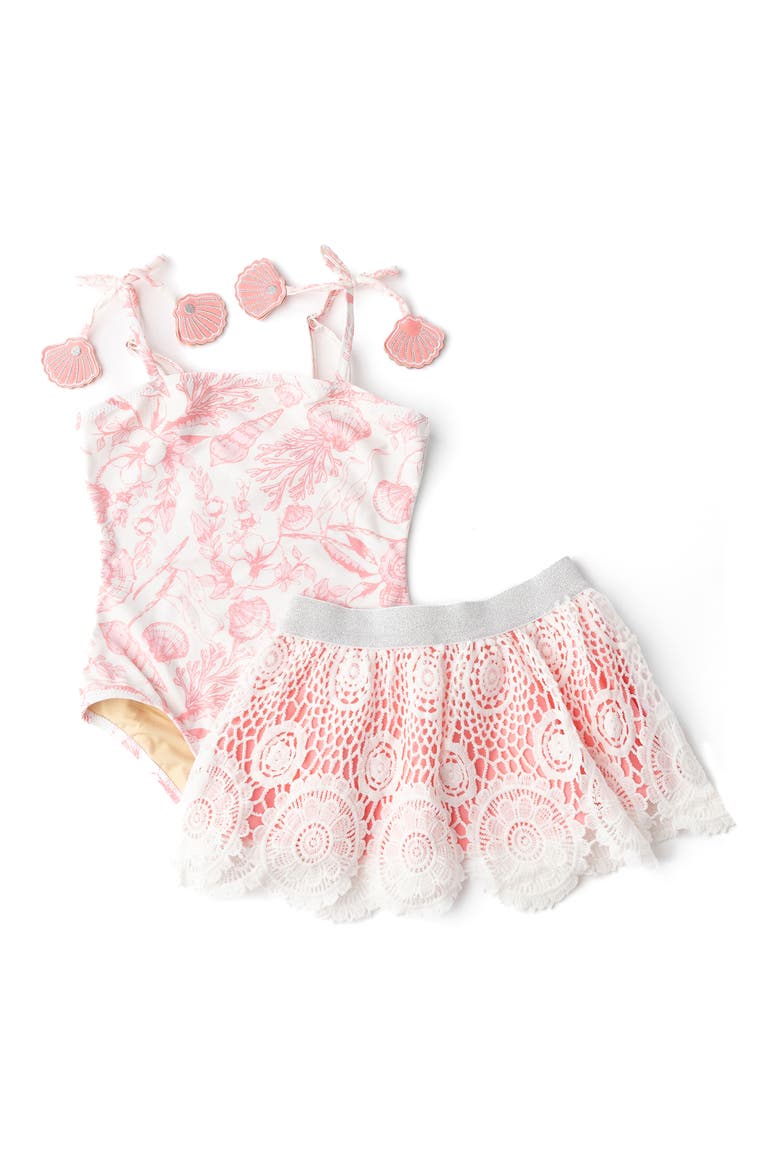 Kids' Seaside UPF 50+ One-Piece Swimsuit & Cover-Up Skirt Set, Main, color, CORAL