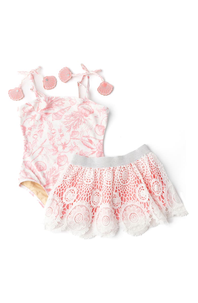 Shade Critters Kids' Seaside UPF 50+ One-Piece Swimsuit & Cover-Up Skirt Set, Main, color, Coral
