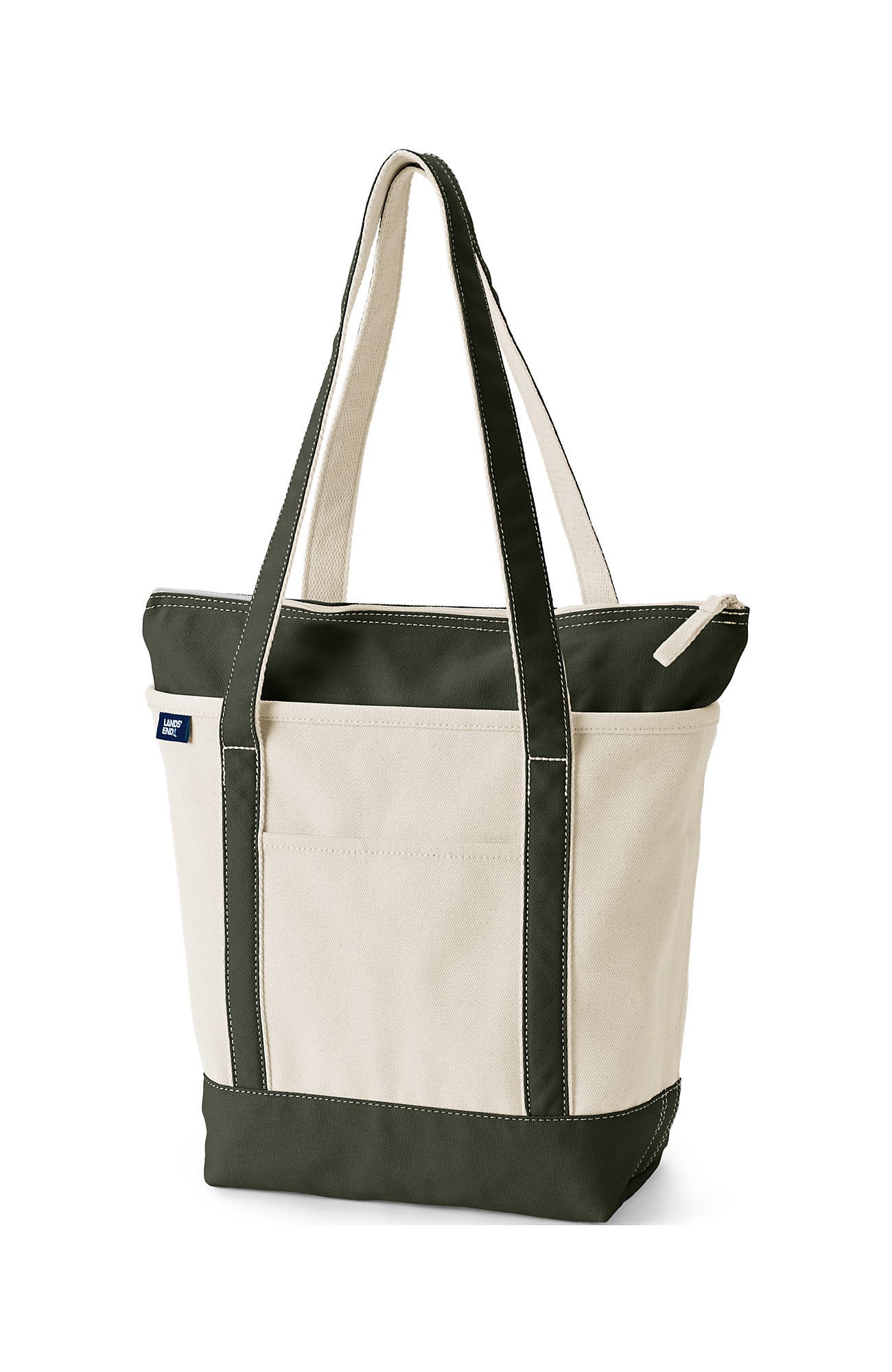 Lands' End Zip Top Long Handle Canvas Tote Bag, Main, color, Natural/Dark Olive Green