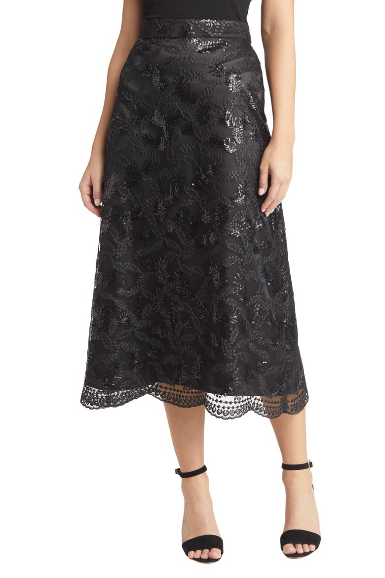 Leaf Sequin A-Line Midi Skirt, Main, color, ANNE BLACK