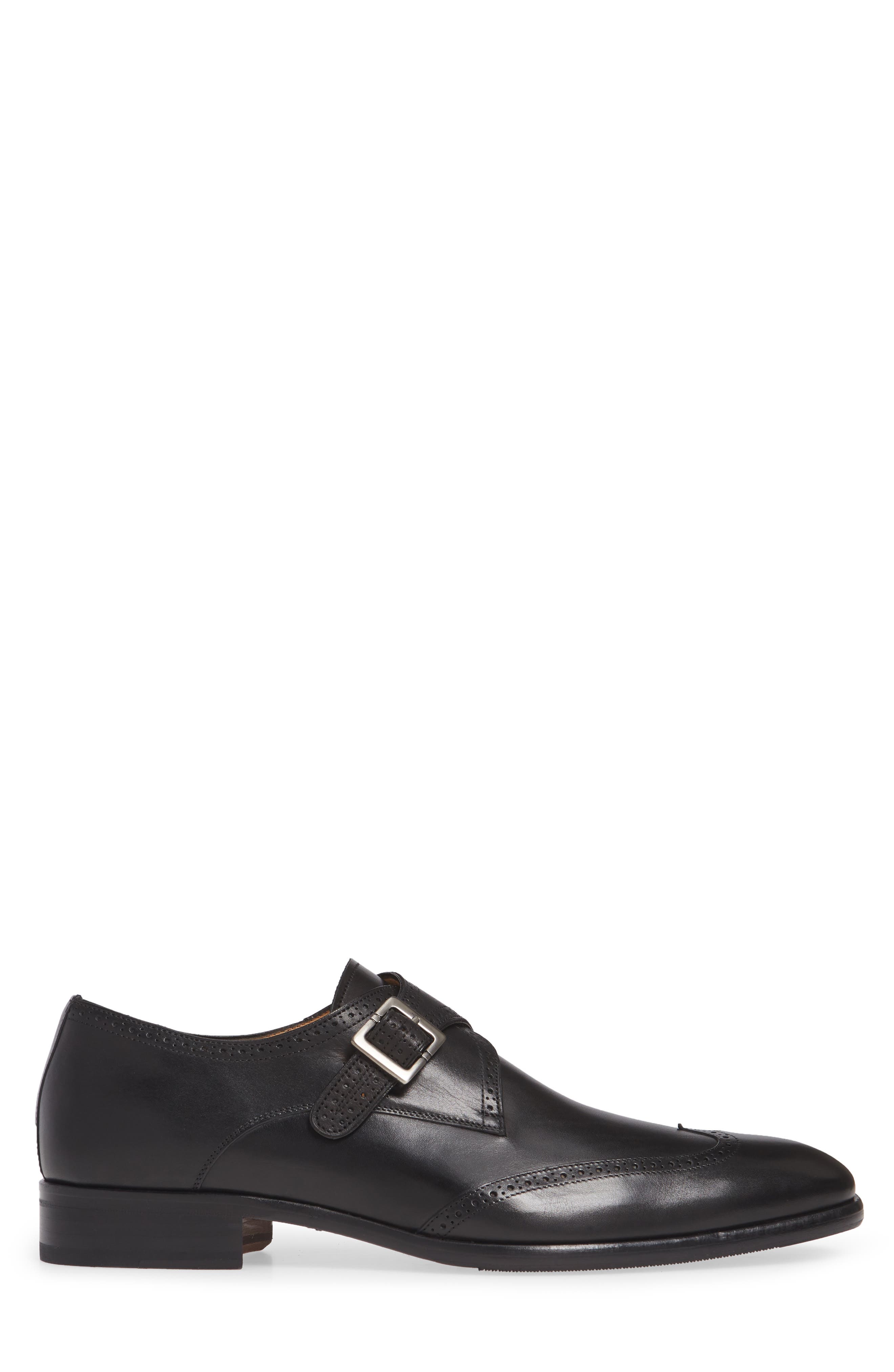 Mezlan Forest Single Monk Strap Wingtip Shoe, Alternate, color, Black Leather