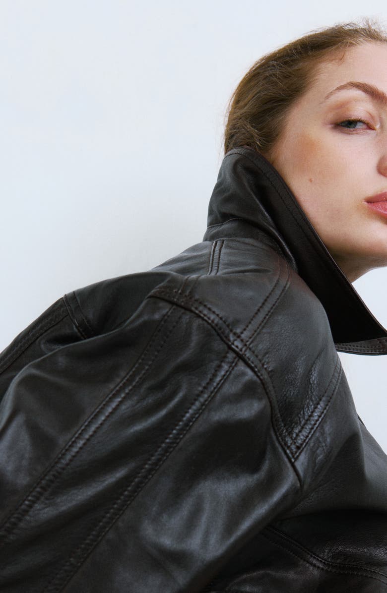 MANGO London Oversize Leather Jacket, Alternate, color, Brown