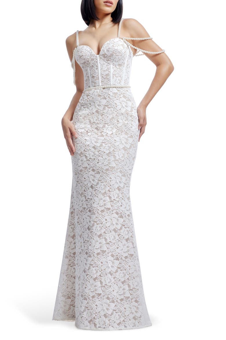 Antoinette Faux Pearl Lace Mermaid Gown, Main, color, WHITE-BEIGE