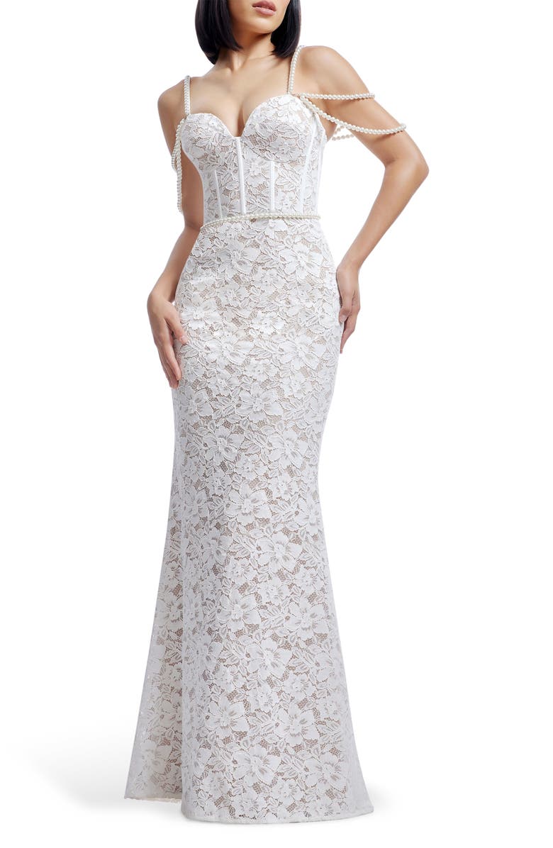 Dress the Population Antoinette Faux Pearl Lace Mermaid Gown, Main, color, White-Beige