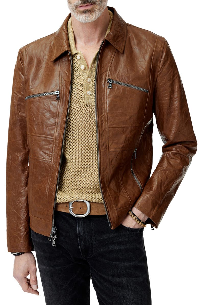 John Varvatos Crinkled Leather Jacket, Main, color, Hazelnut