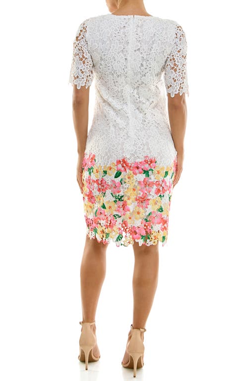 Nina Leonard Floral Elbow Sleeve Lace Sheath Dress In White/coral/yellow Multi