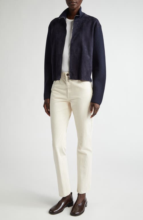 Lafayette 148 New York Suede & Wool Knit Cardigan Bomber Jacket In Ink