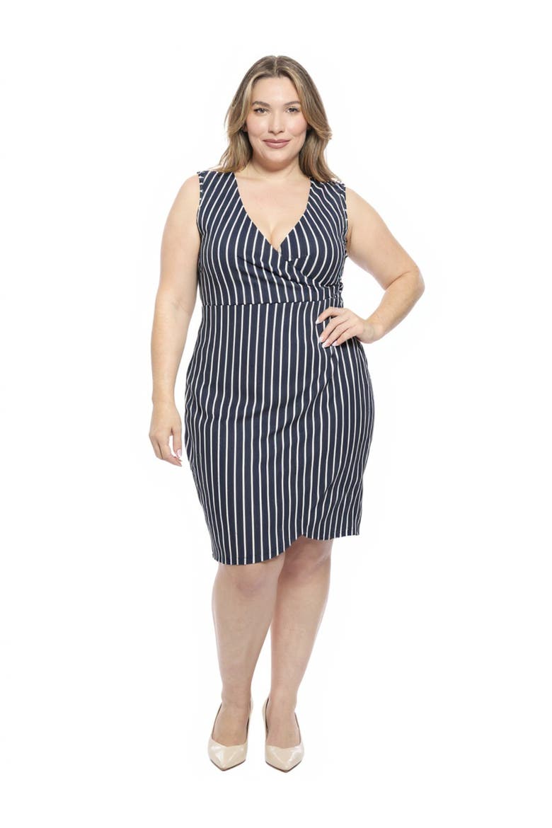 Plus Size Striped V-Neck Sleeveless Faux Wrap Tulip Hem Midi Dress, Main, color, Navy Multi