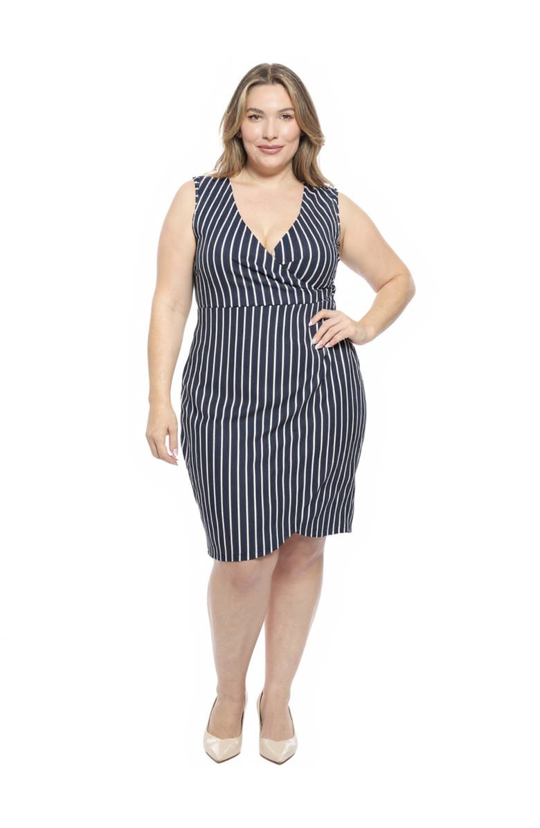 24seven Comfort Apparel Plus Size Striped V-Neck Sleeveless Faux Wrap Tulip Hem Midi Dress, Main, color, Navy Multi