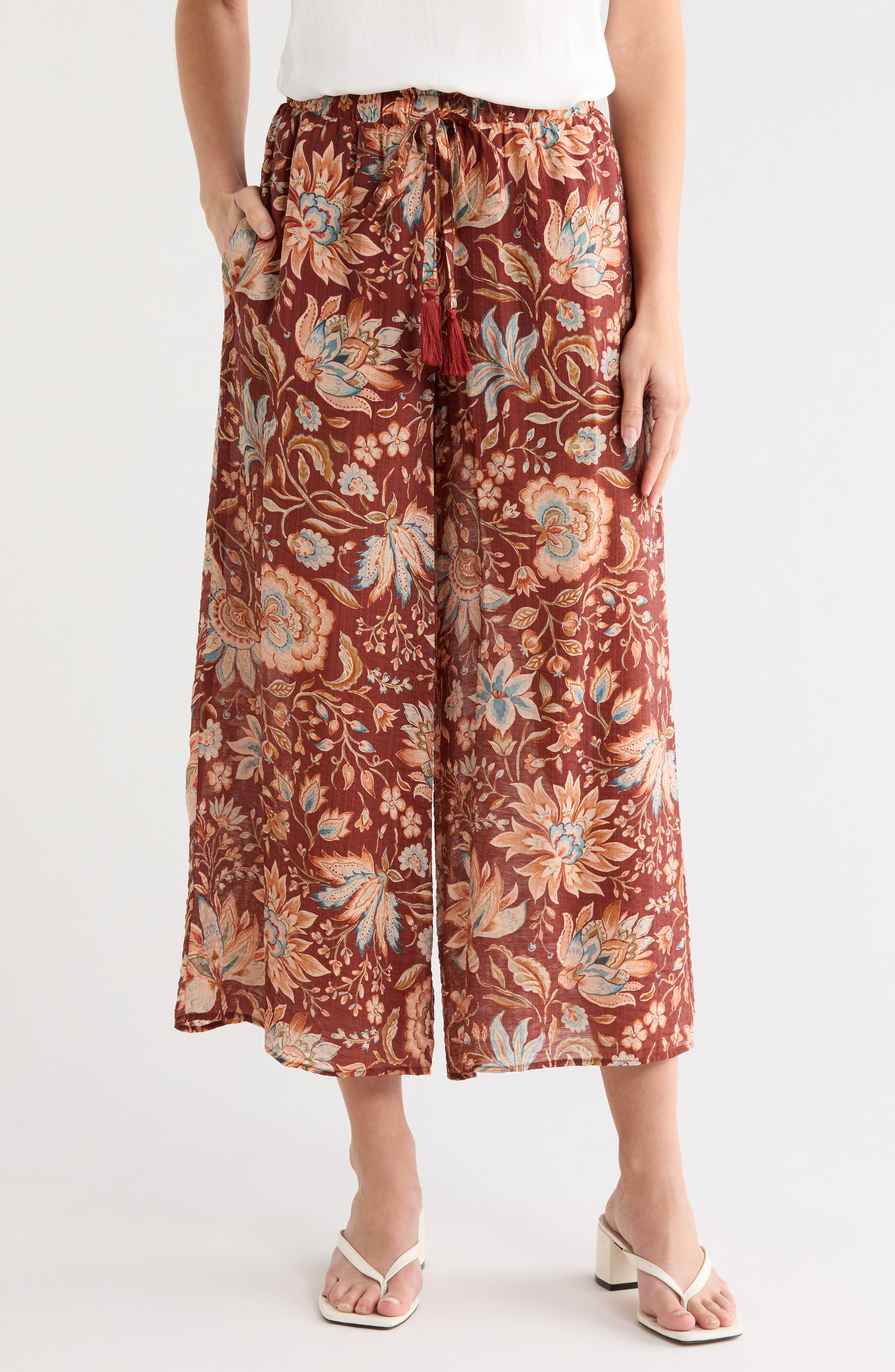 Floral Drawstring Waist Crop Wide Leg Pants