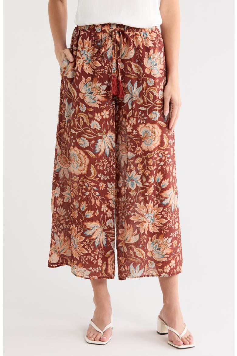 Floral Drawstring Waist Crop Wide Leg Pants, Main, color, RUSSET BROWN-235