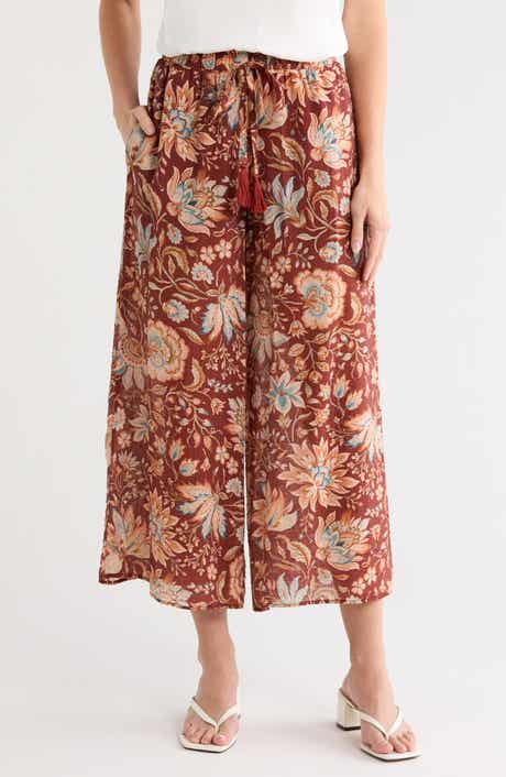 Floral Drawstring Waist Crop Wide Leg Pants