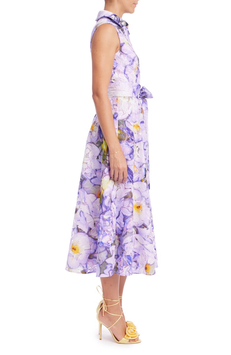 Badgley Mischka Collection Floral Print Belted Lace Shirtdress, Alternate, color, Lilac Multi