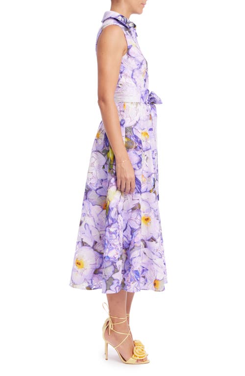 Badgley Mischka Sleeveless Printed Floral Lace Midi Dress In Lilac Multi