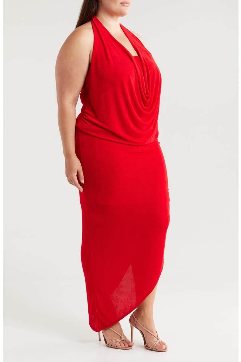 Cowl Neck Asymmetric Hem Stretch Dress, Alternate, color, RED