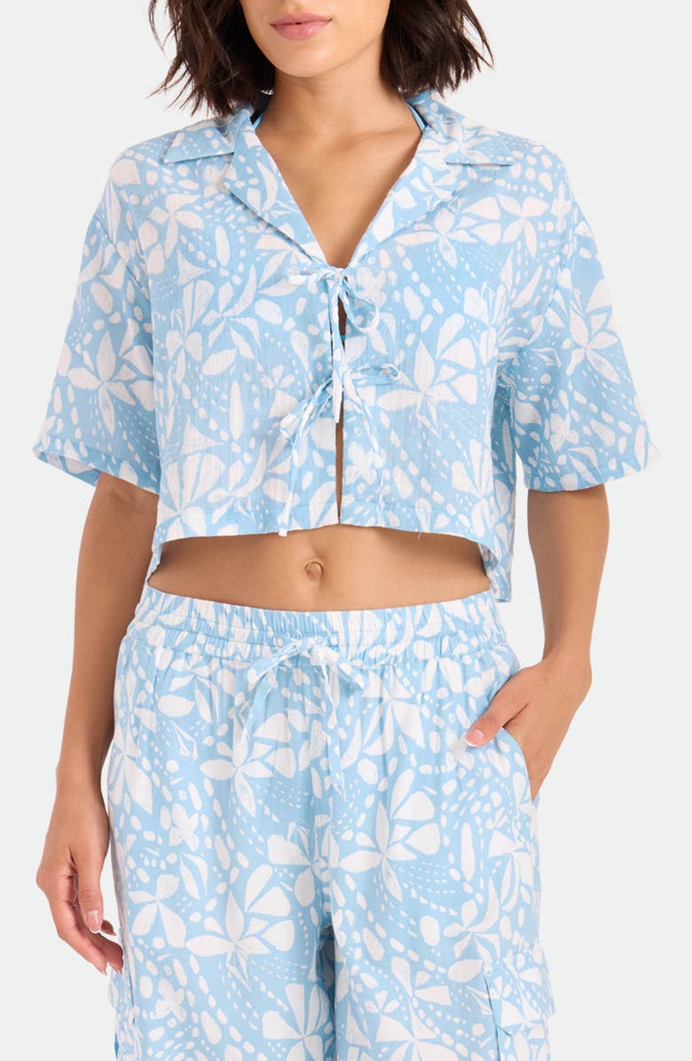 Volcom Tie Front Crop Cotton Cover-Up Shirt, Main, color, Blue