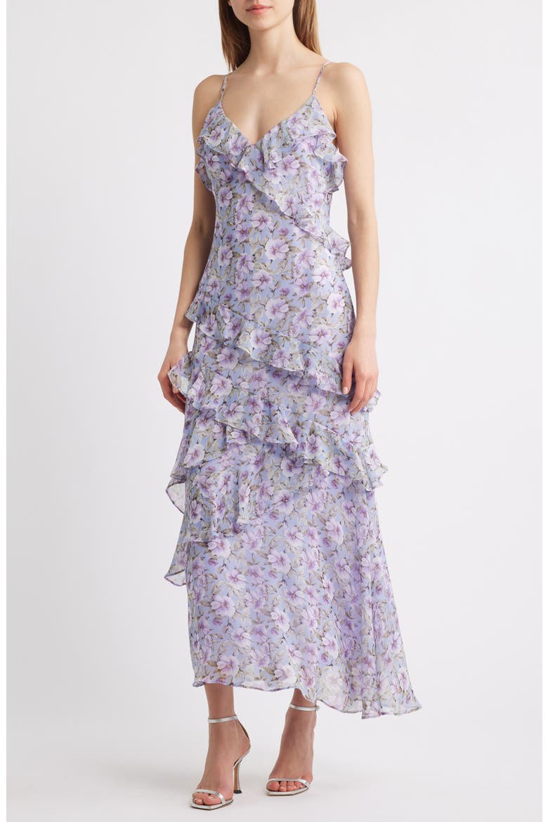 Luella Floral Print Ruffle Sleeveless Maxi Dress, Main, color, PURPLE FLORAL