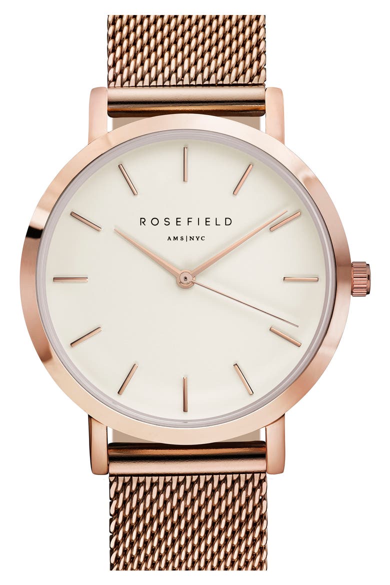 Tribeca Mesh Strap Watch, 33mm, Main, color, ROSE GOLD/ WHITE/ ROSE GOLD