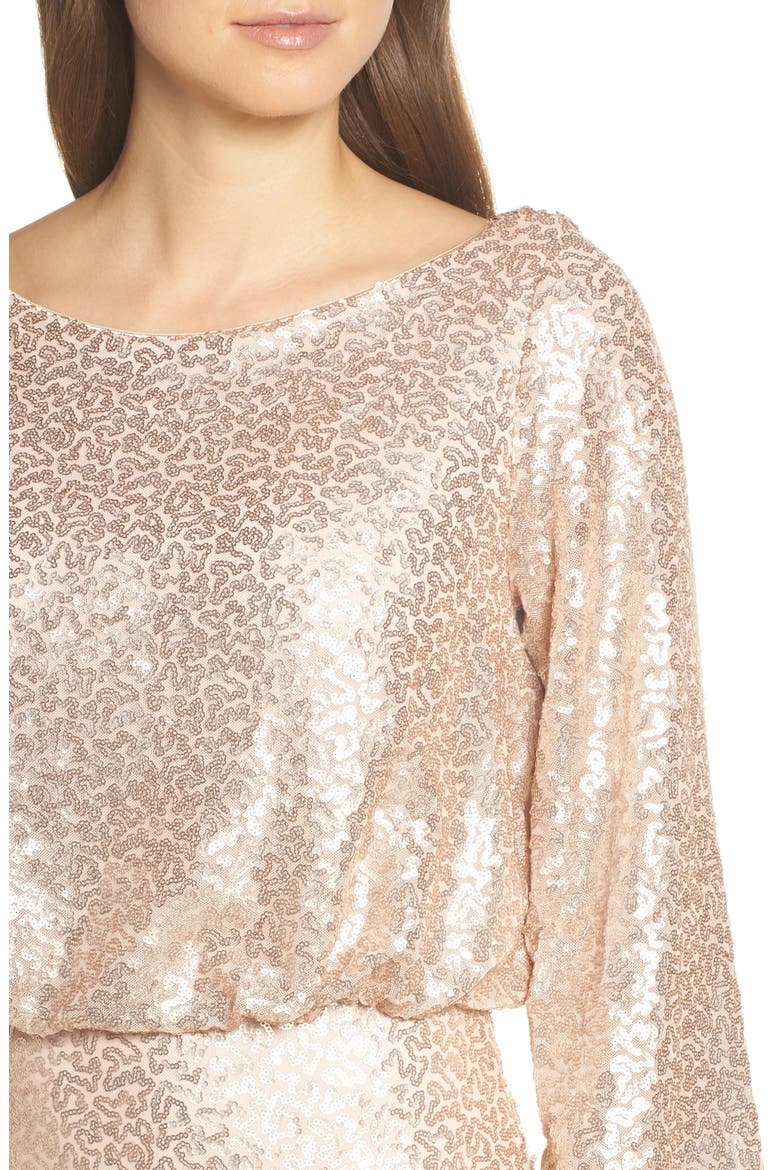 Blouson Long Sleeve Sequin Evening Dress, Alternate, color, CHAMPAGNE