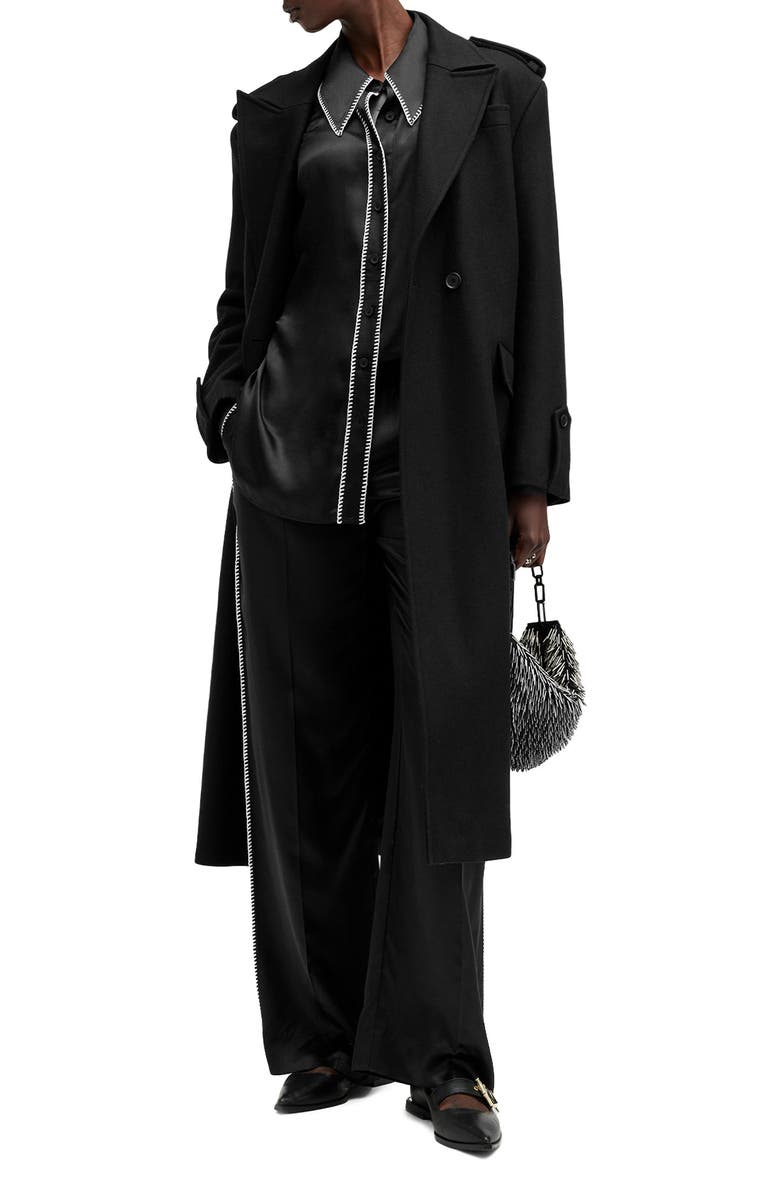 AllSaints Charli Whipstitch Oversize Satin Button-Up Shirt, Alternate, color, Black