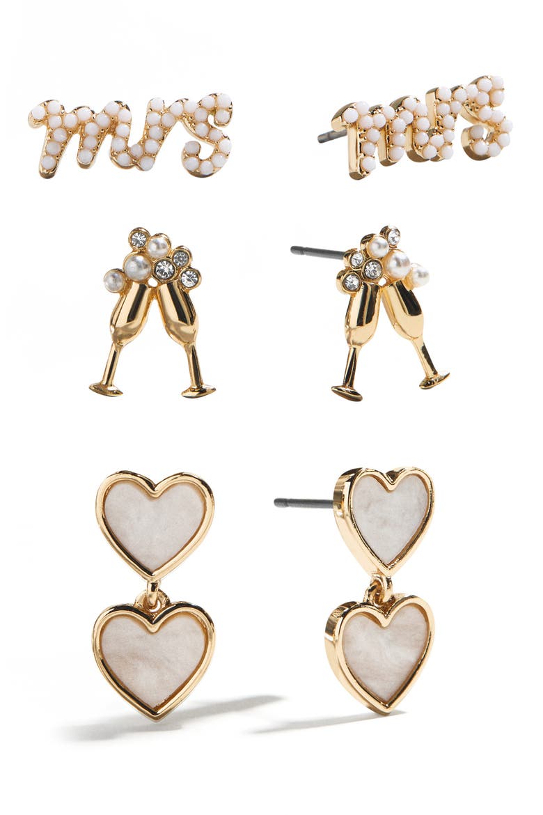 3 Pairs of Happily Ever After Bridal Earrings, Main, color, PEARL