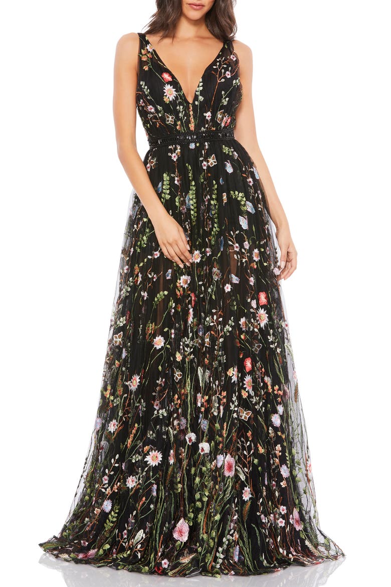 Floral Embroidered Mesh Gown, Main, color, BLACK MULTI