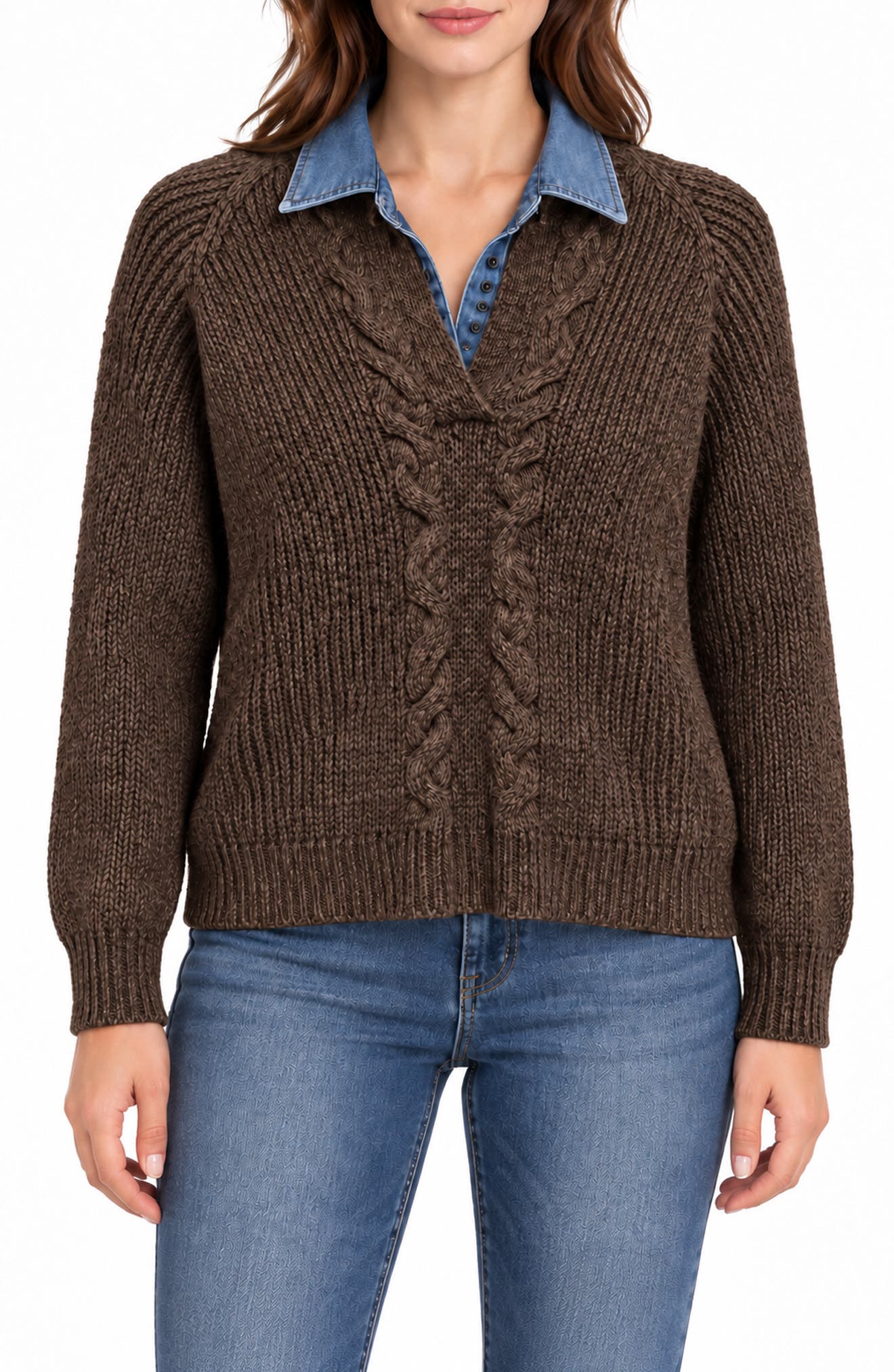 Chunky Two-Fer V-Neck Sweater