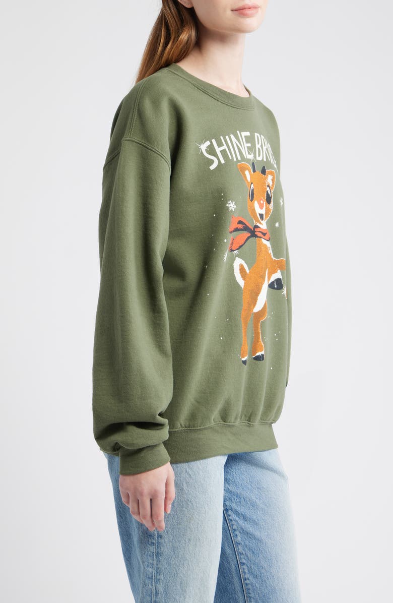 Junk Food Rudolph Shine Bright Crewneck Sweatshirt, Alternate, color, Military Green