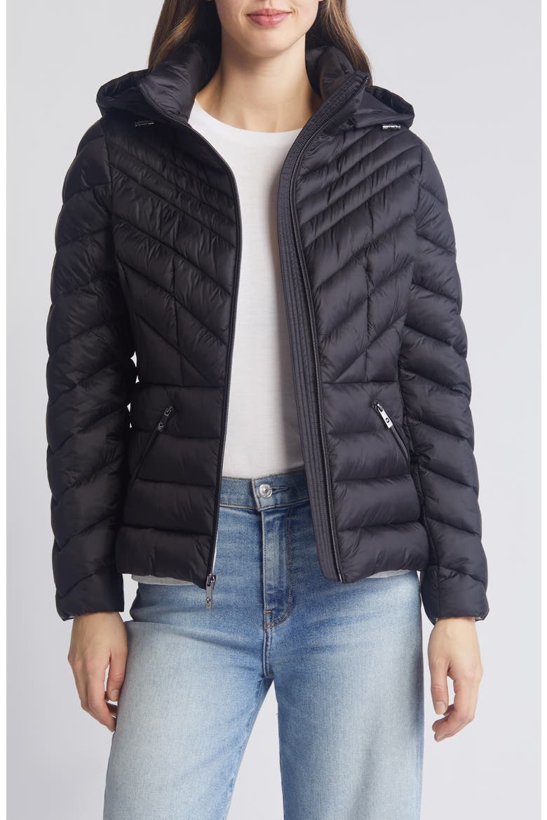 Water Repellent Hooded Packable Puffer Coat, Alternate, color, BLACK