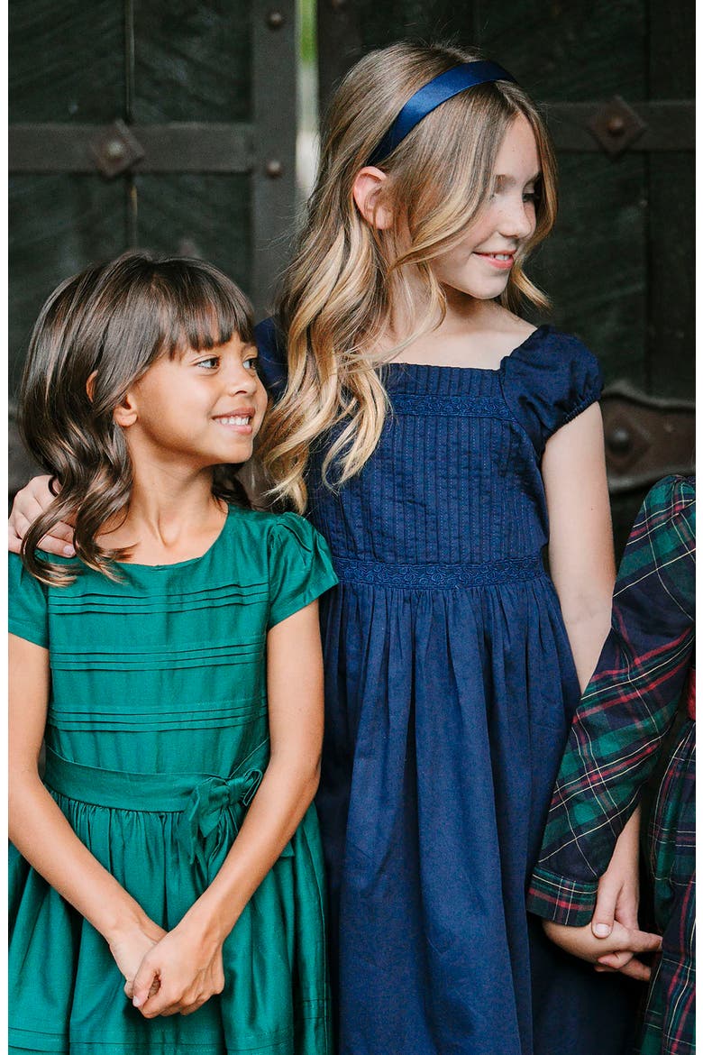 Kids' Organic Puff Sleeve Pintuck Sateen Party Dress, Alternate, color, Navy