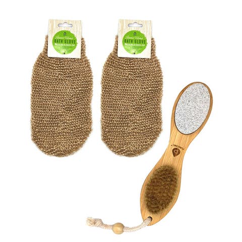 Sisal Bath Gloves 2-Pack & 4-in-1 Foot Scrubber