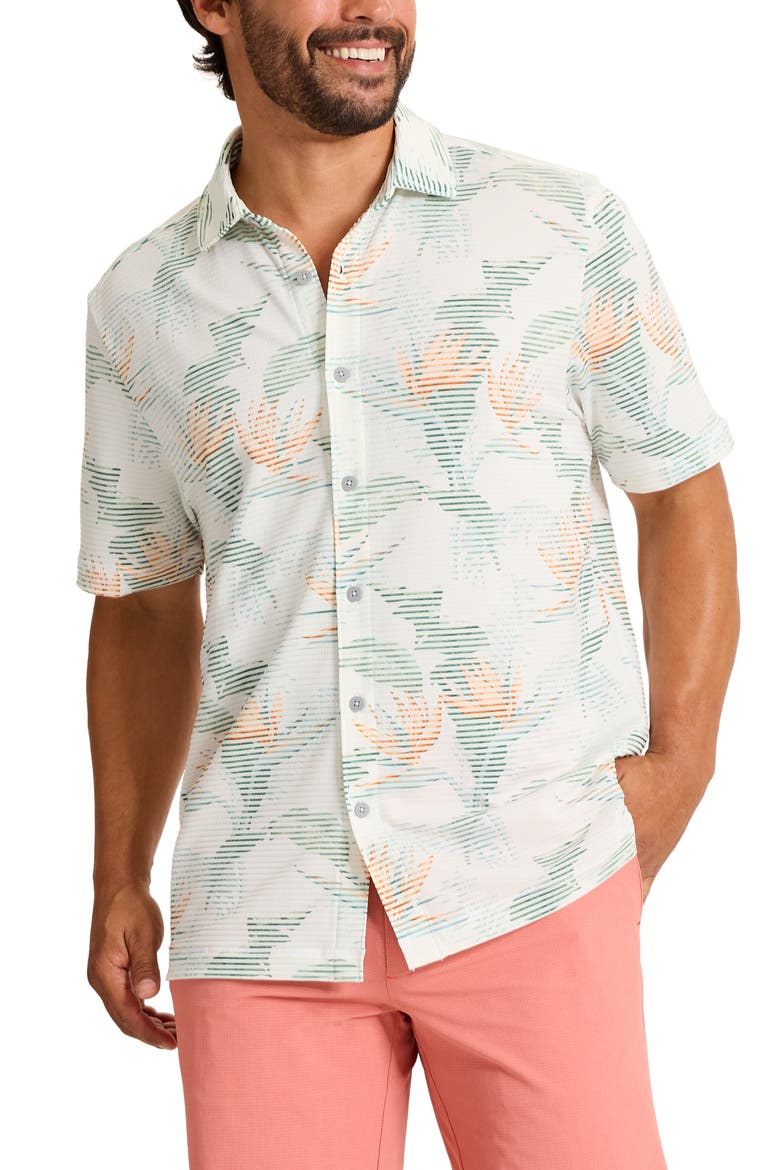 Costa Wave Festa Fronds Seersucker Stripe IslandZone® Short Sleeve Button-Up Shirt, Main, color, WHITE