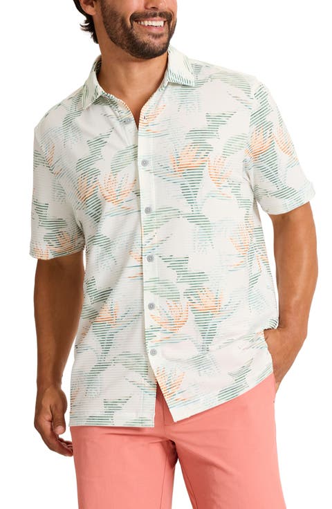 Costa Wave Festa Fronds Seersucker Stripe IslandZone® Short Sleeve Button-Up Shirt