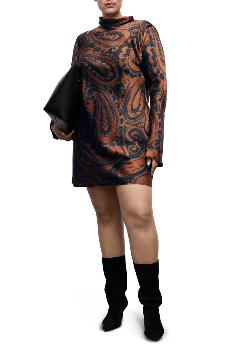 Paisley Long Sleeve Satin Dress, Main, color, BURNT ORANGE