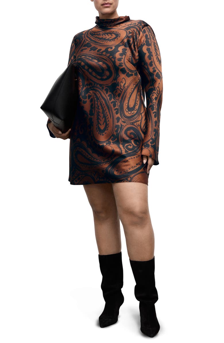 MANGO Paisley Long Sleeve Satin Dress, Main, color, Burnt Orange