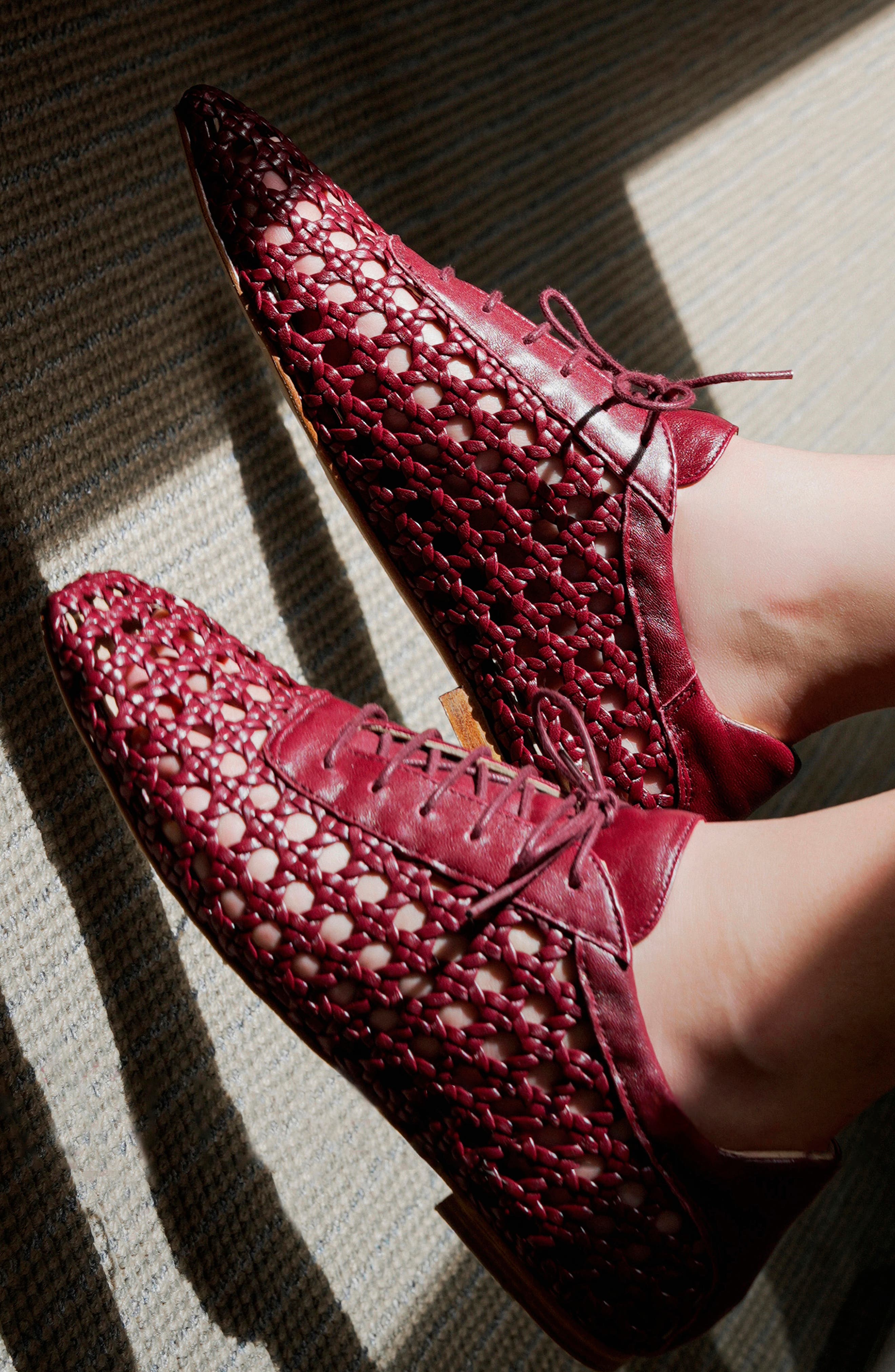 Antonia Woven Leather Flat, Alternate, color, Burgundy