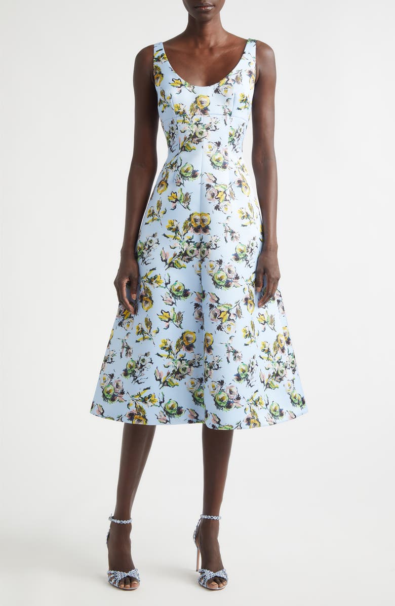 Emilia Wickstead Abella Floral Fit & Flare Midi Dress, Main, color, Floral Green/Yellow On Blue